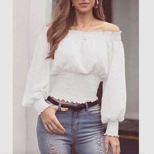 🌼 Off Shoulder Frill Smocked Bishop Sleeve Blouse, White NWT